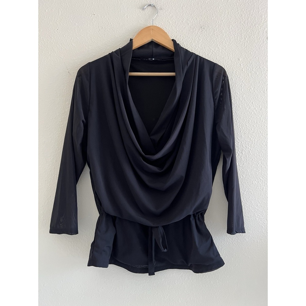 Juliette Solid Black Sheer Draping Top Drawstring Peplum S/M Quiet Modest *Read